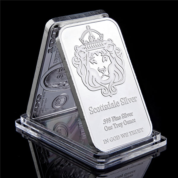 Scottsdale Silver 999 Fine Silver One Troy Ounce 1 Bars Bullion In God We Trust Coin With Display Case Replica