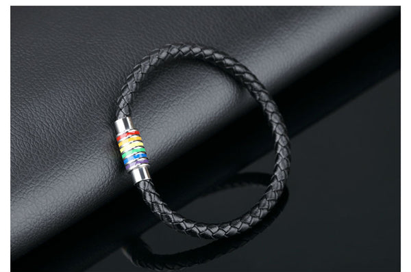 LGBT Black Leather Bracelet Stainless Steel Magnet Buckle Gay & Lesbian Pride Rainbow Bracelet