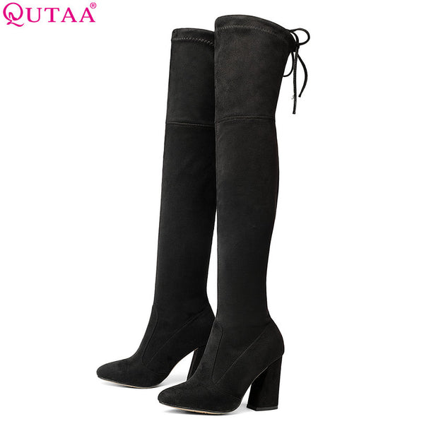 QUTAA 2019 NEW Glinni Leather Women Over The Knee Boots Lace Up
