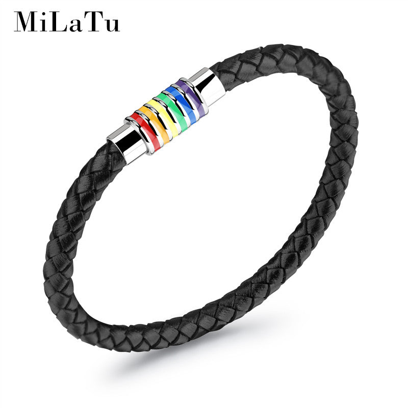 LGBT Black Leather Bracelet Stainless Steel Magnet Buckle Gay & Lesbian Pride Rainbow Bracelet